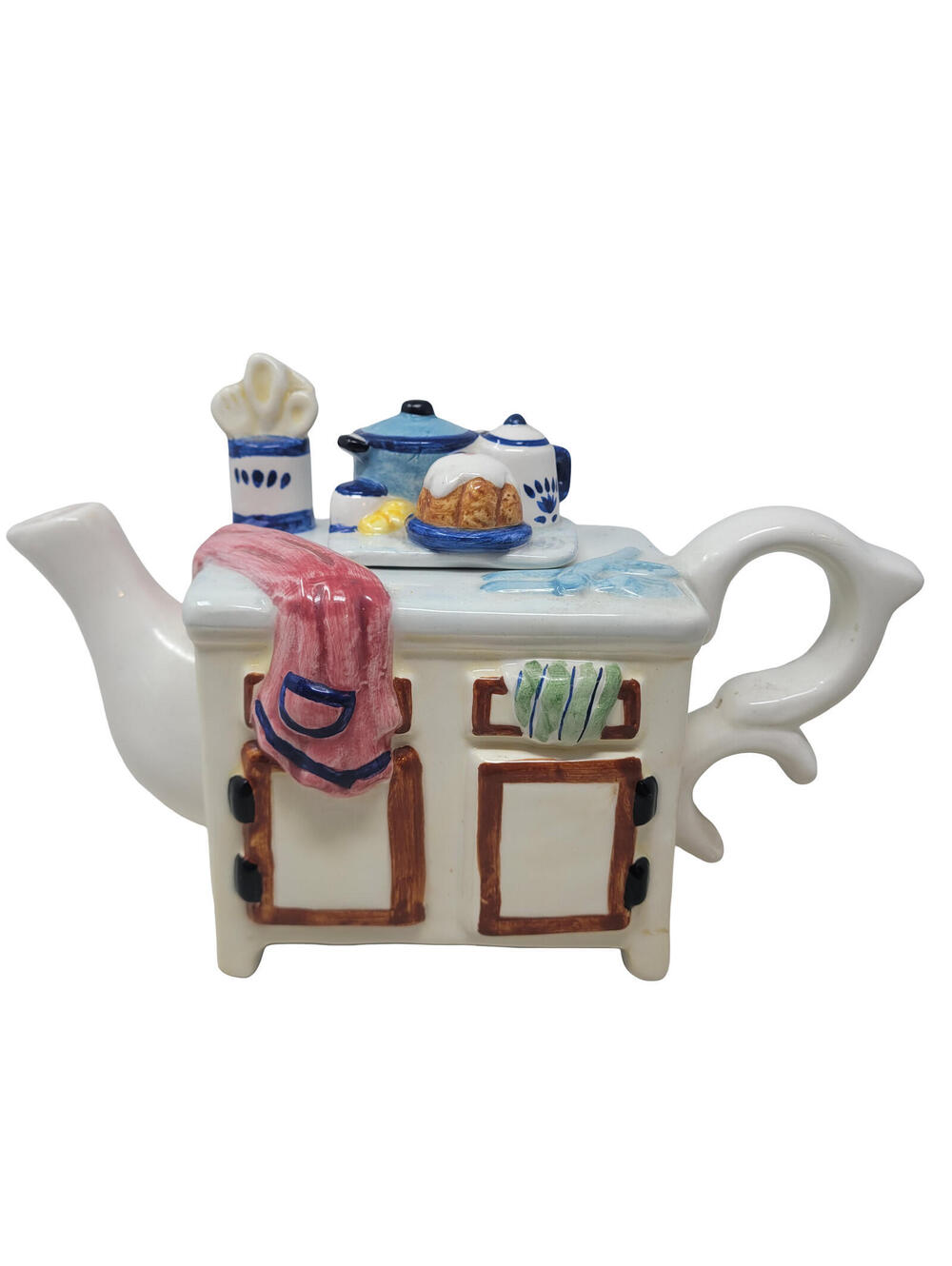 Novelty Ceramic Teapot Kitchen Stove Cooktop Chef Theme Hand Painted Decor